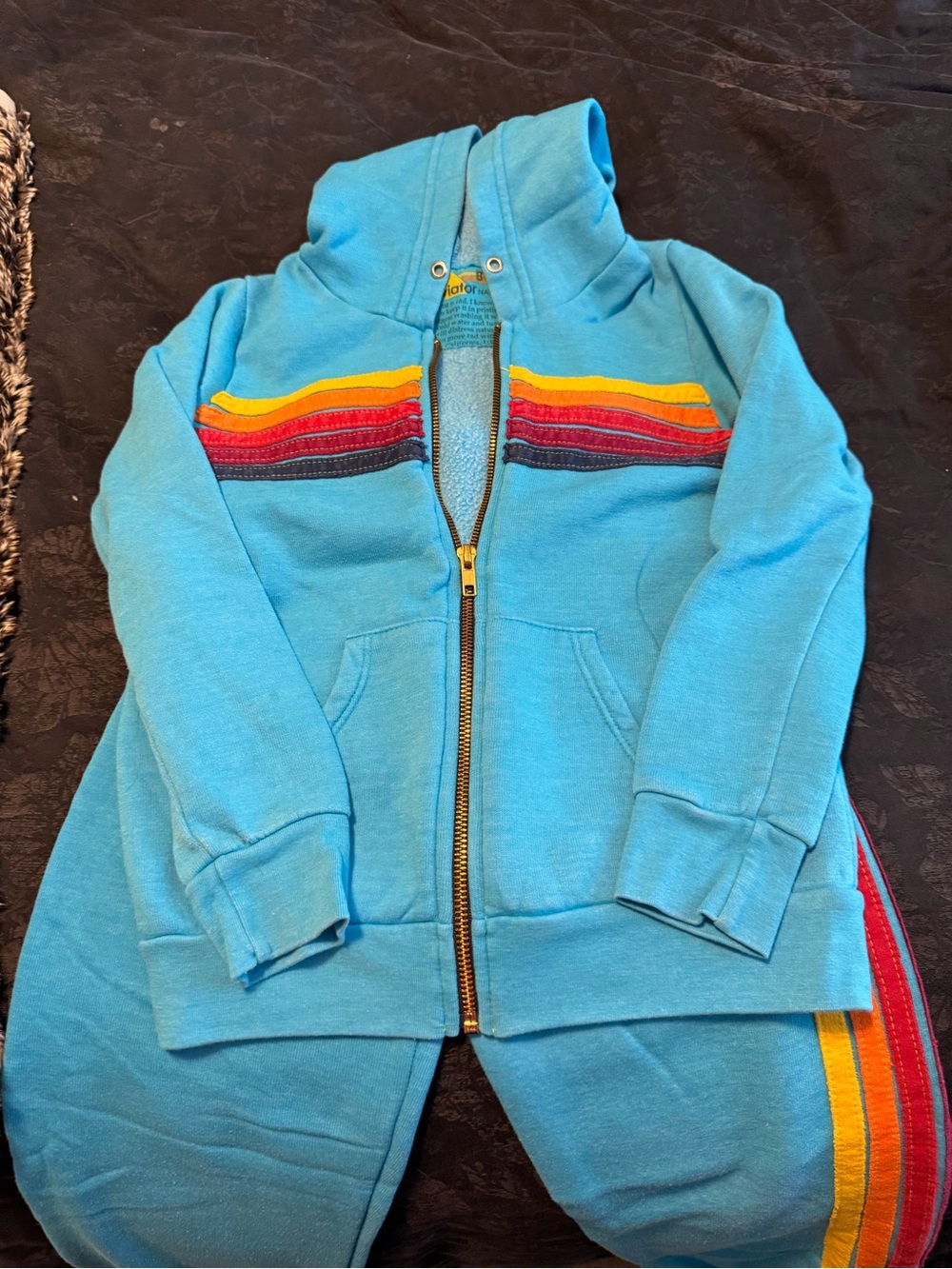Aviator Nation Kids Turquoise Zip Hoodie & Sweatpants Set with Rainbow Stripes